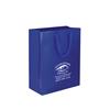IMPRINTED BLUE Small Paper Bag 6.5 W x 3.25 D x 8" H (100/box | Minimum order - 5 boxes)