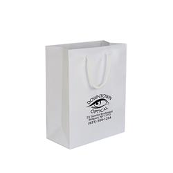 IMPRINTED WHITE Small Paper Bag 6.5 W x 3.25 D x 8" H (100/box | Minimum order - 5 boxes) 