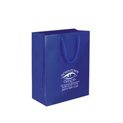 IMPRINTED BLUE Small Paper Bag 6.5 W x 3.25 D x 8" H (100/box | Minimum order - 5 boxes)