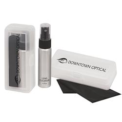IMPRINTED "The Box" Lens Cleaner Kit - 1 oz. - Clear Sprayer & Gray Cloth (100/box) (Minimum Order: 2 cases)